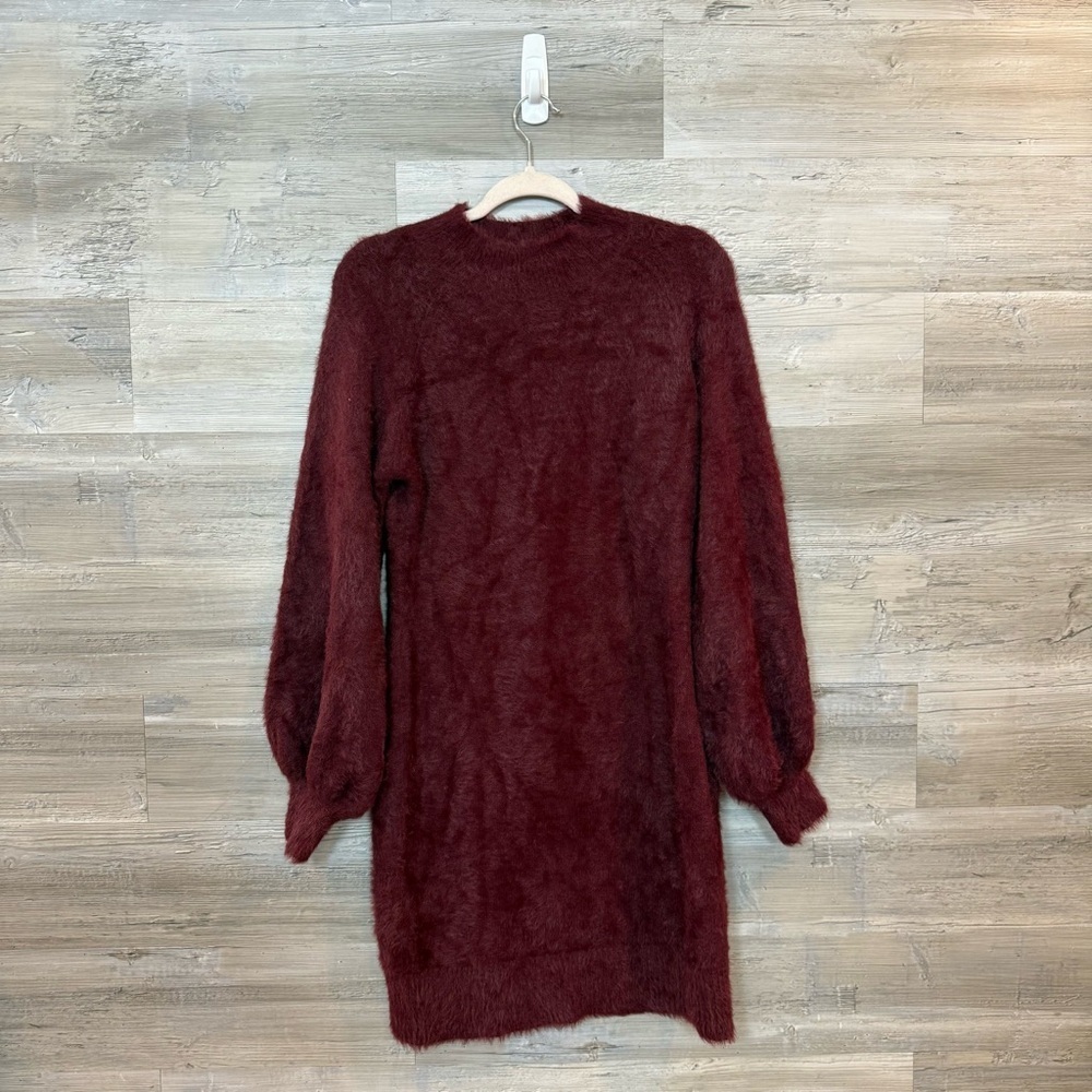 Bardot Burgundy Fuzzy Knit Balloon Sleeve Sweater Dress - Size L